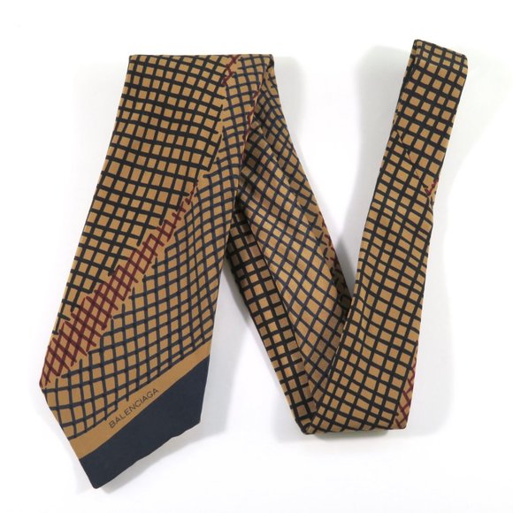 Balenciaga Men's Tie Tan Blue Print 100% Silk Necktie Vintage 55" x 4" - Picture 1 of 7